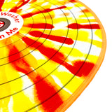 Close up of Soft and absorbent 16 inch tiedye splashed record cleaning mat with bright red, orange and yellow splashes of color