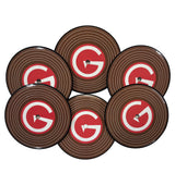 Upcycled Vinyl Records turned into coffee table coasters with Big G logo printed on opposite side of original record label