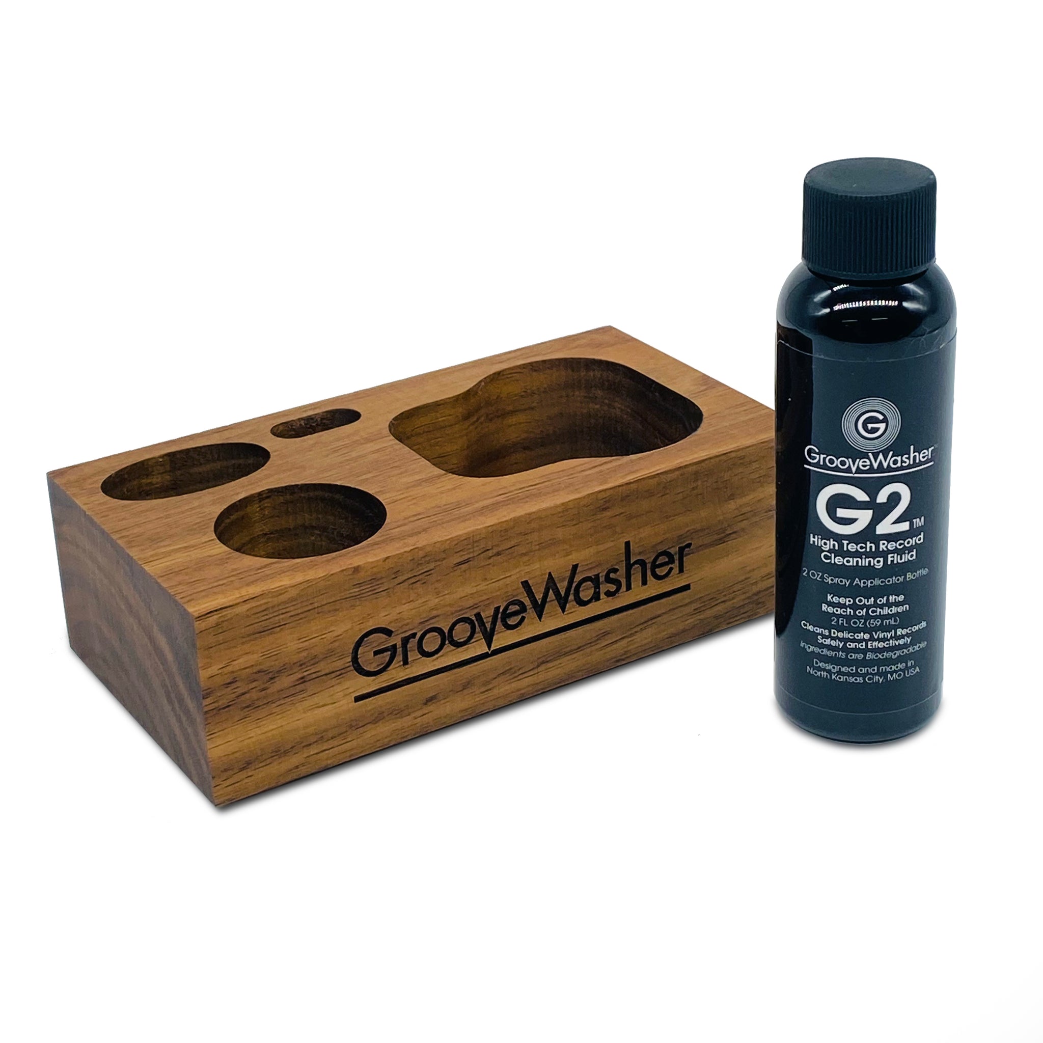 GrooveWasher Handmade milled walnut display block and G2 record cleaning fluid bottle