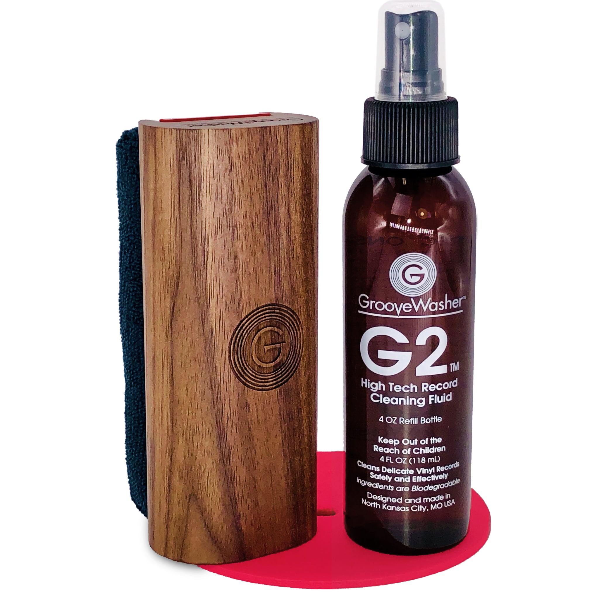 GrooveWasher Vinyl Record Cleaning Kit with microfiber cealning pad attached to Walnut Handle and G2 Cleaning Fluid Mist Spray bottle