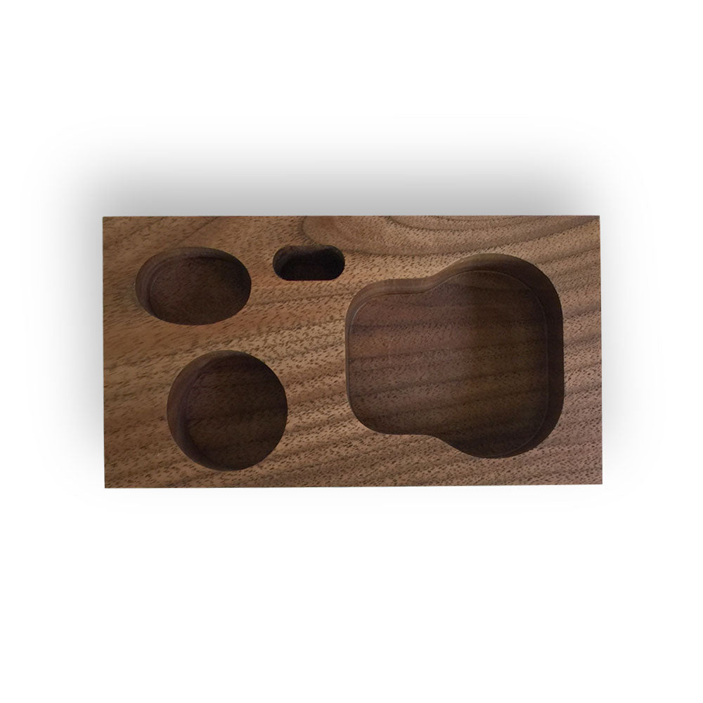 Missouri Walnut CNC milled display block for vinyl record cleaning handle with microfiber pad and turntable stylus cleaner and brush